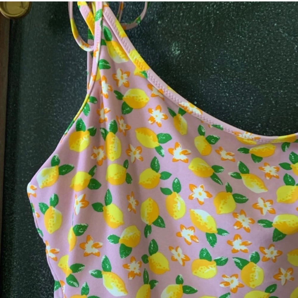 J. Crew Lemon Floral Shoulder Tie One Piece Swimsuit Pink Yellow Green Size 12 - Picture 3 of 5